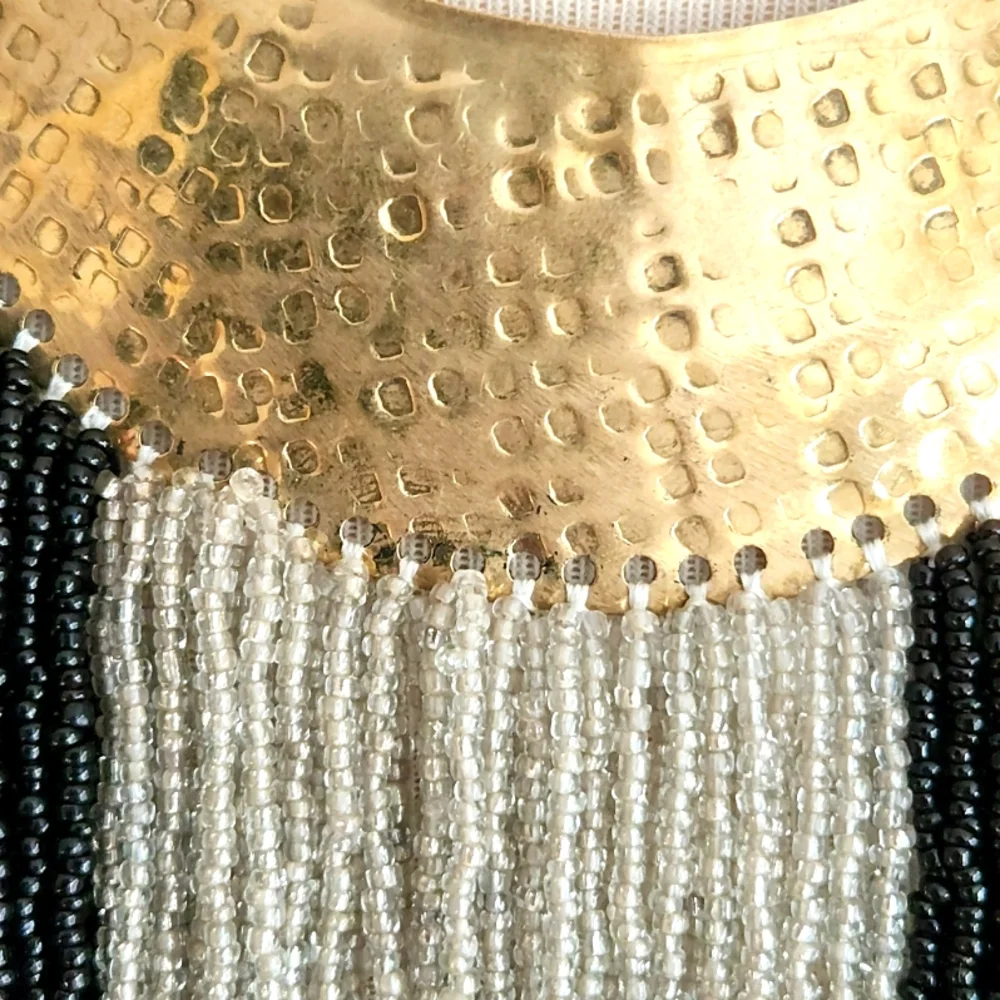 Hand Hammered Brass, White and Black Beaded Statement Necklace - Picture 4 of 17